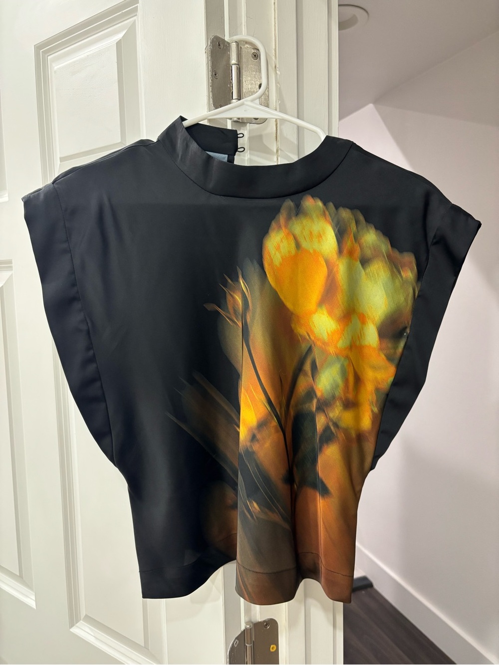 Misa Los Angeles Black Top with Orange and Yellow Floral Motif